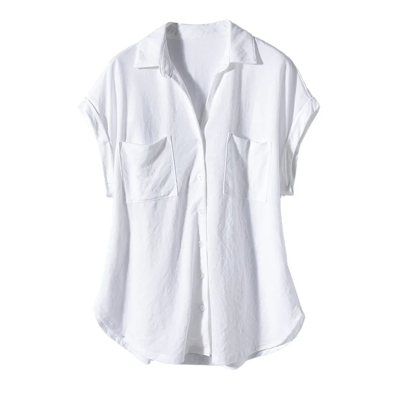 

2021 summer female French temperament show thin white shirt collar design feeling light ripe shirts with short sleeves