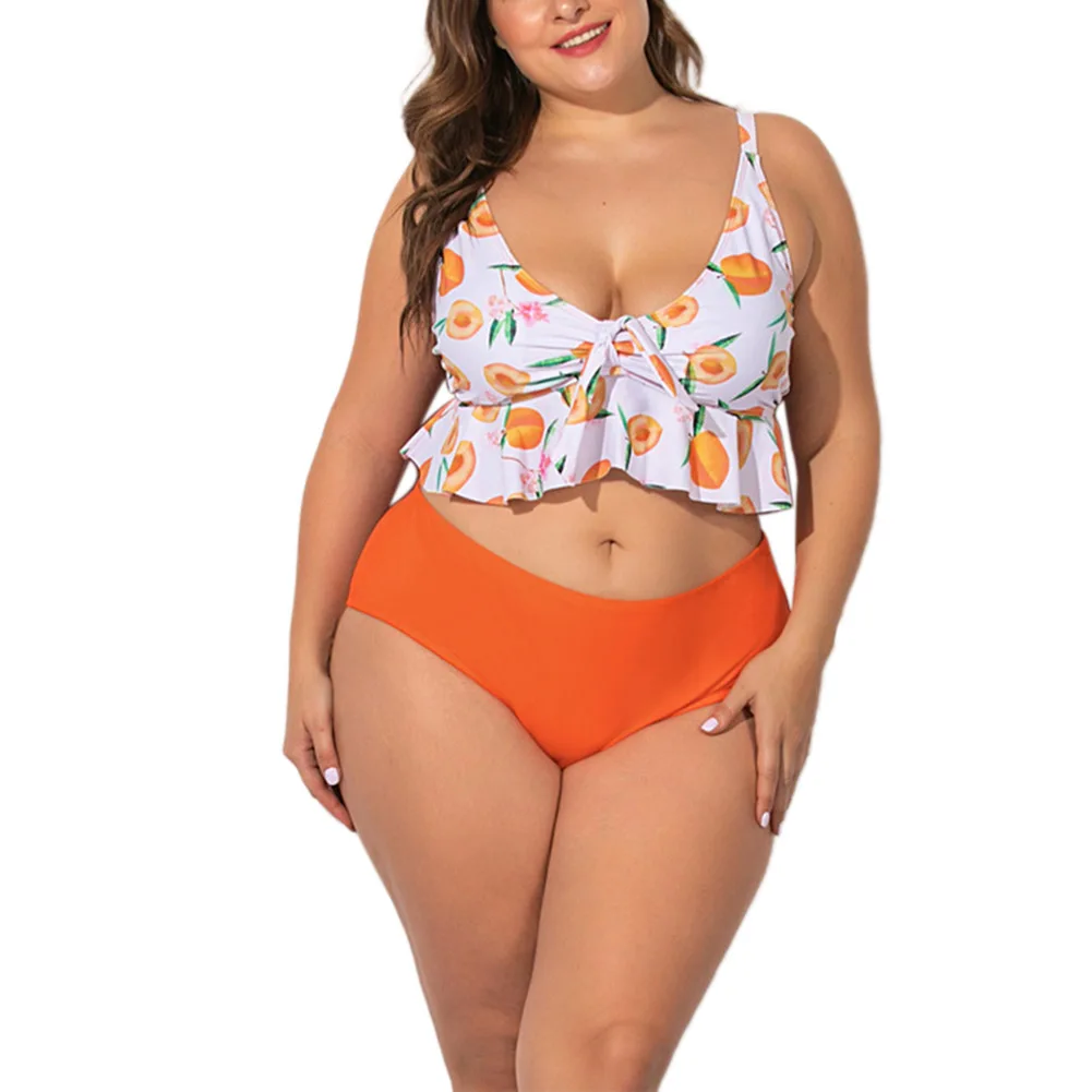 

2021 Summer Women Two-piece Bathing Suit Peach Print Irregular/ Ruffle Top with Chest Pad High Waist Solid Color Thong Sets