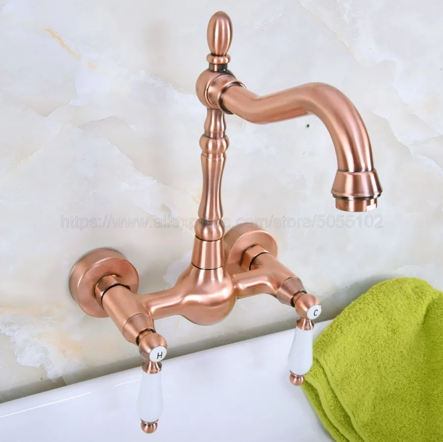 Античная красная медь настенный поворотный Носик Ванная комната раковина кран с
