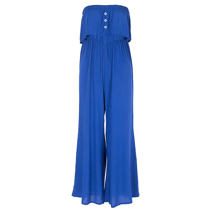 

Summer Slash Neck Collar Jumpsuits Women Loose Trousers Solid Color Large Trumpet Button Jumpsuit