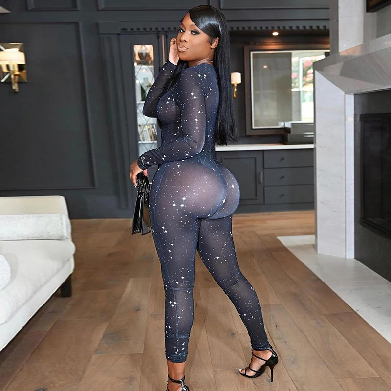 

CIBBAR Women' Jumpsuit Zipper Hipster Printing Casual Basic Long Sleeve Fitness Sporty Overalls Sexy Mesh Clubwear One Piece New