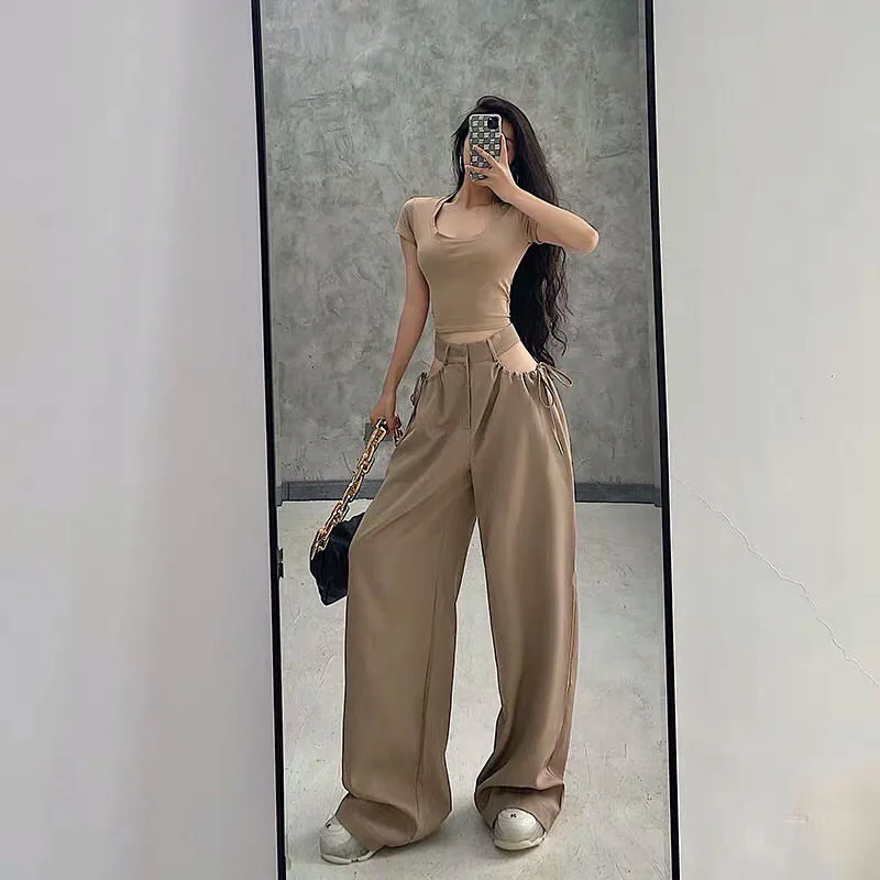

New Y2K Fashion Khaki Oversized Cargo Pants Hip Hop Style Loosed Adjustable Waist Drawstring Long Pant Streetwear 90s Autumn