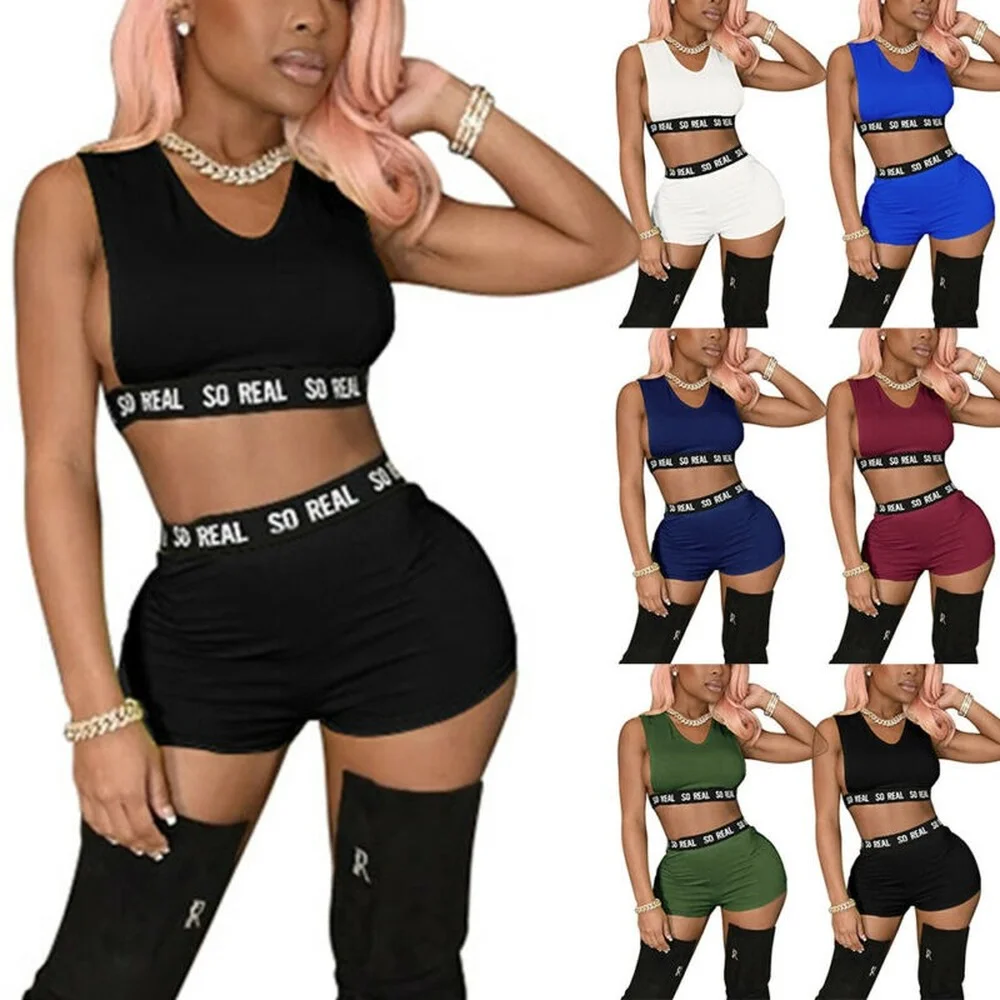 

Ladies Summer Sexy Round Neck Vest High Waist Shorts Suit Solid Beach Slim Suit