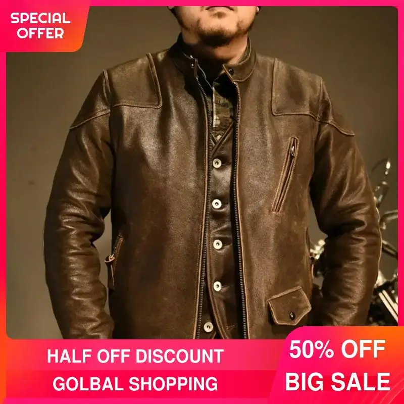 

2021 Vintage Brown Motorcycle Style Genuine Leather Jacket Men Large Size 3XL Real Natural Cowhide Spring Slim Fit Biker Coat