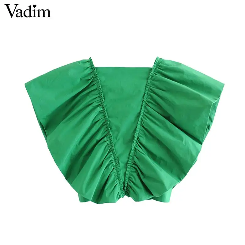 Женский укороченный топ с оборками Vadim зеленая блузка без рукавов v образным