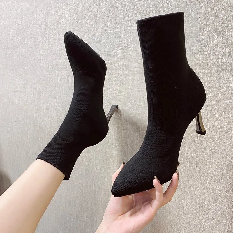 

9cm 7cm 5cm Stretch Fabric Socks Boots Women Black Shoes Elegant Pointed Toe Knitting Elastic Ankle Boots for Women