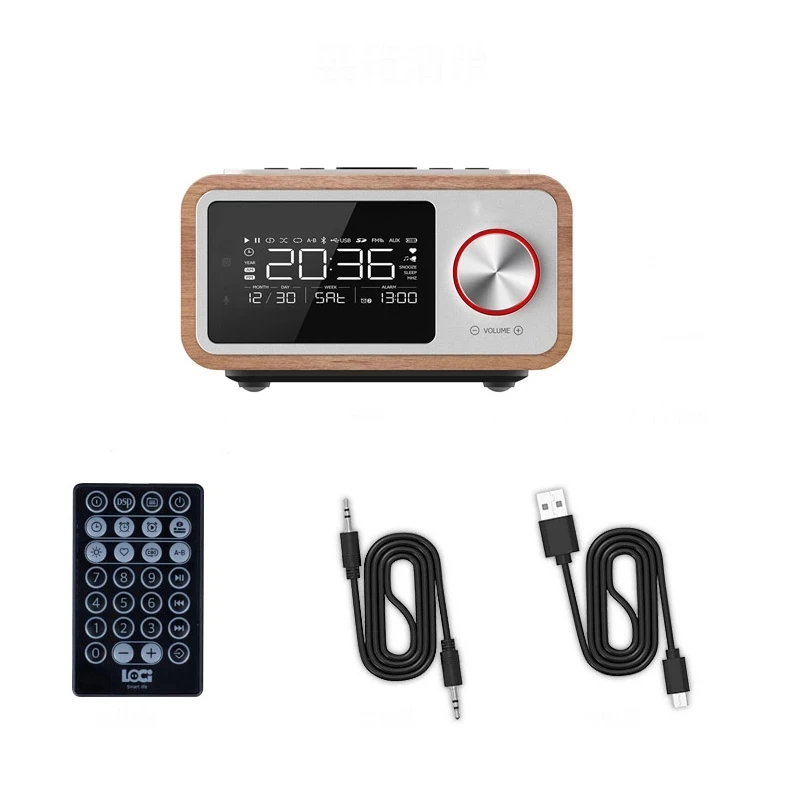 10W Home LED Screen Alarm Clock FM Radio Stereo Loudspeaker Bass Subwoofer Retro Wireless Small Wood Portable Bluetooth Speaker - купить по