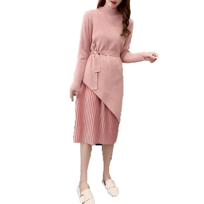 

Autumn winter knitted dress women 19 new Europe and America long sleeve beige pink black high waist fashion dress feminina LR630