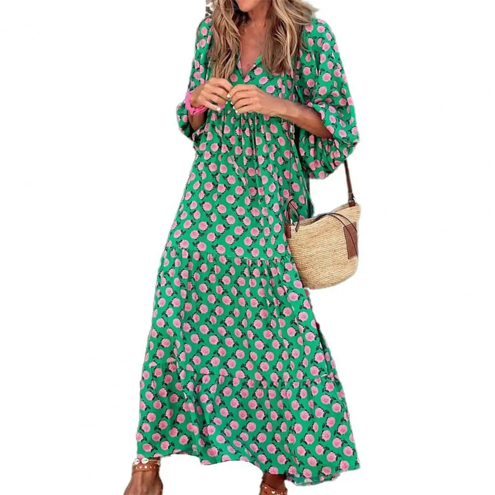 

Fashion Loose Ankle-length Dress High Waist Casual V Neck Lantern Half Sleeve Floral Print Drawstring Dress Women Accessory