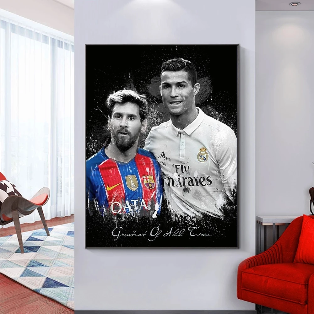 

Football Stars Messi and Ronaldo Black Background Character Wall Art Living Room Home Decoration Mural(No Frame)