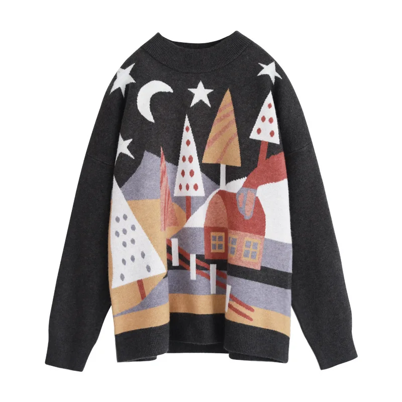

Winter New Fashion Leisure Cartoon Comic Printed Pullover Sweater Female Soft Cozy Loose Wild Long Sleeve Vintage Knitted Jumper