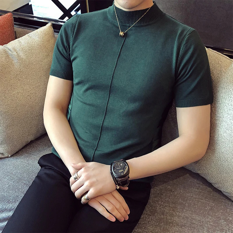 Camiseta de punto de manga corta para hombre, suéter de cuello medio alto de alta calidad, Color sólido, ajustada, novedad de verano