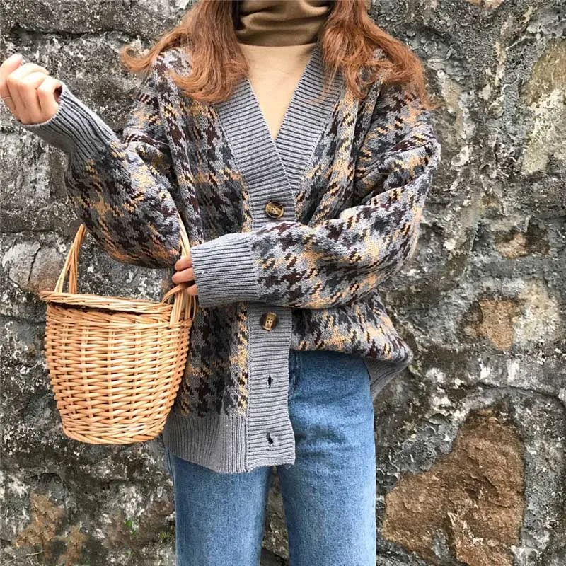 

NORMOV Women Autumn Winter Knitted Sweater Coat Lattice Button Cardigans Long Loose Sweaters Casual Female V-Neck Sweater