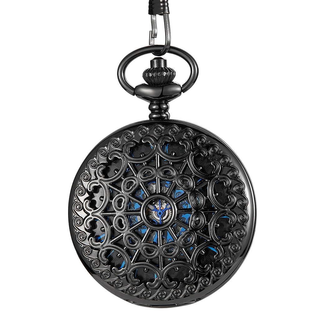 Classic Creative Men Women Mechanical Pocket Watch Hollow Carved Steampunk Ladies Clock Blue Roman Numeral Dial Chains Best Gift