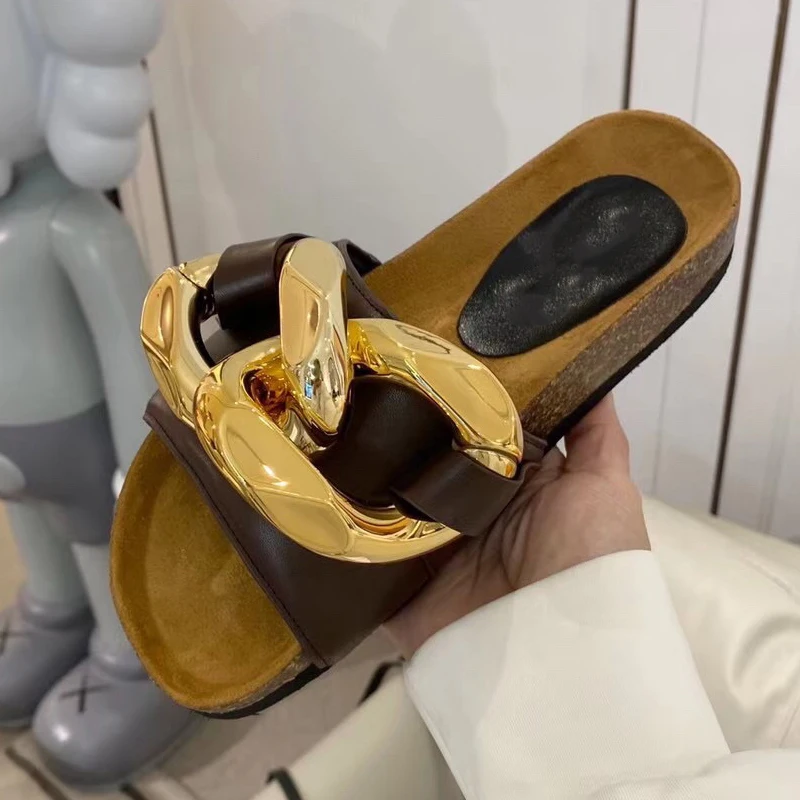 

Brand Design Women Slipper Open Toe Gold Chain Mules Shoes Round Toe Fashion Beach Shoes