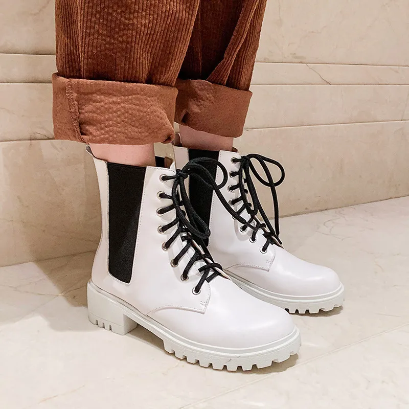 

ASUMER 2021 newest lace up women boots round toe mixed colors 5cm square heel casual shoes genuine leather ankle boots women