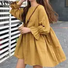 Элегантное летнее платье VONDA 2021 с круглым вырезом и длинным рукавом-фонариком, однотонные вечерние платья свободного кроя, богемные платья для женщин