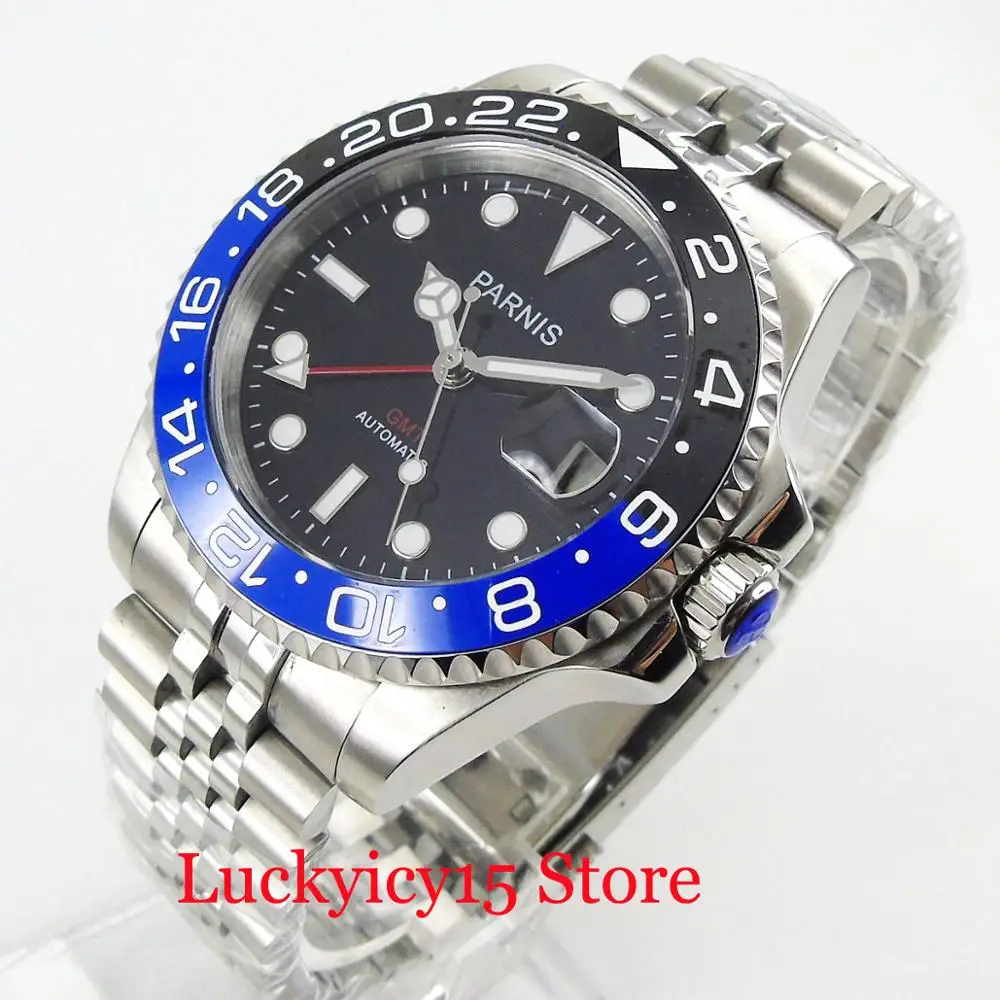 PARNIS Бизнес Стиль сапфировое стекло 40 мм умственный ремень функция GMT черный