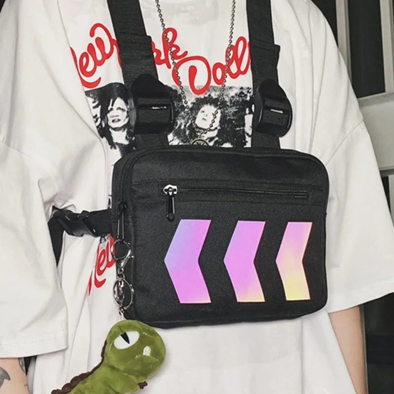 Bolsa de Peito Funcional dos Homens Reflexivo Streetwear Bolsa Moda Feminina Hip Hop Tático Bolsas Colete Grande Capacidade Fanny Pacote