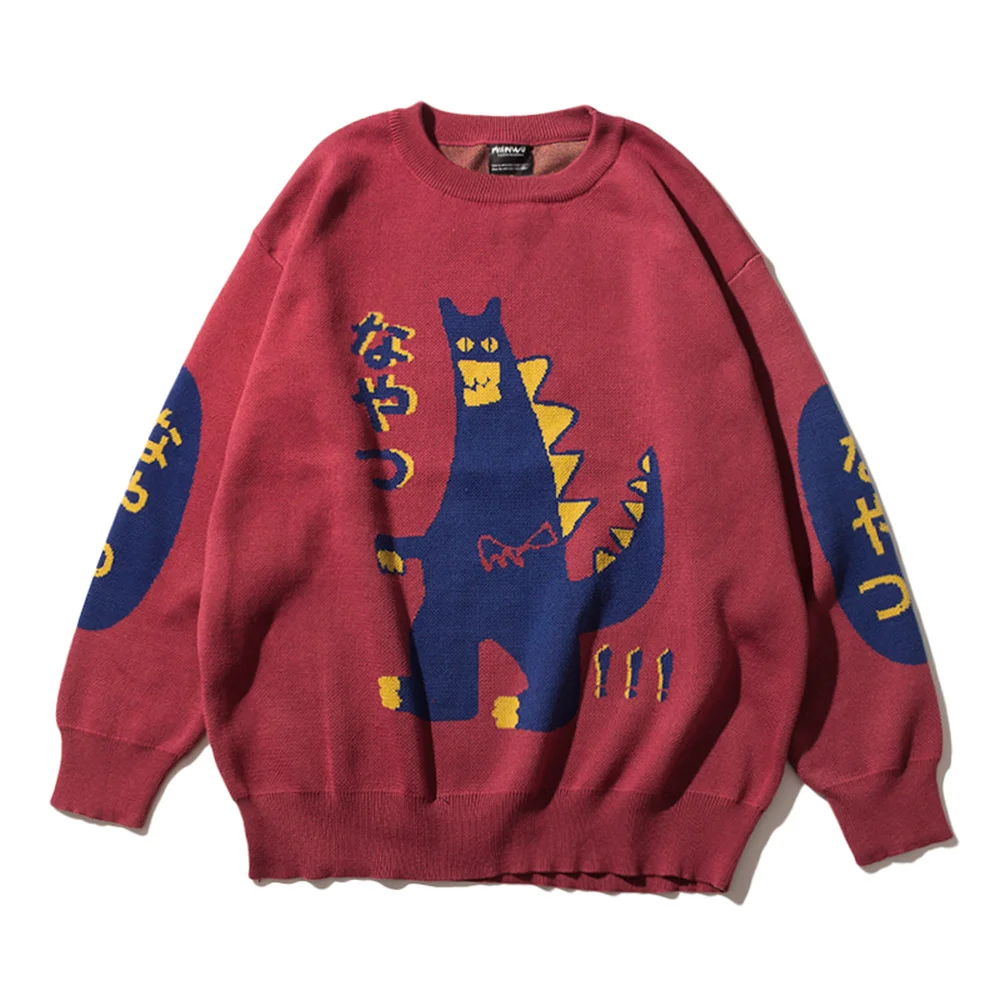 

2021 Men Hip Hop Sweater Pullover Streetwear Japanese Dinosaur Print Knitted Sweater Retro Vintage Autumn HipHop Sweaters Jumper