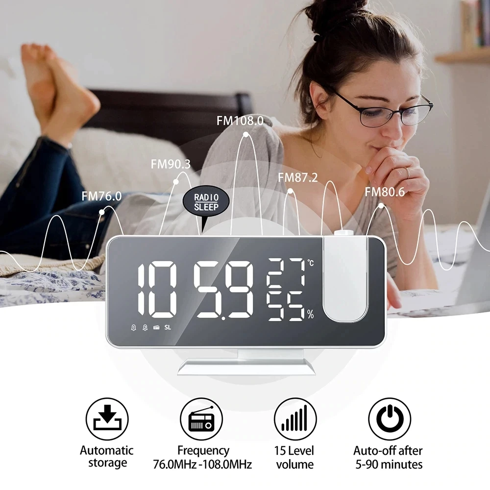 

Fm Radio Led Digital Smart Alarm Clock Watch Table Electronic Desktop Clock Usb Charge Wake Up Clock with Projection Time Snooze