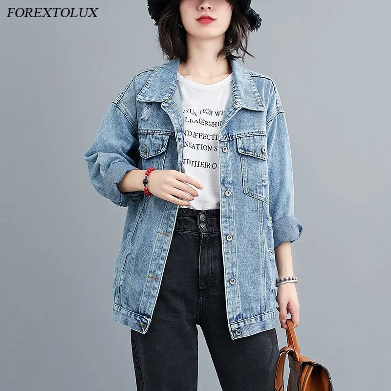 Женская джинсовая куртка Повседневная Свободная синяя на пуговицах с 3D принтом
