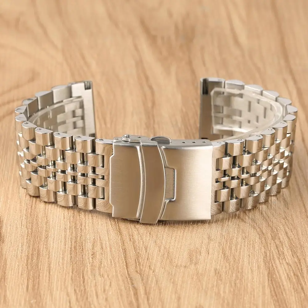 

22mm Luxury Silver Solid Link Stainless Steel Watchband Watches Strap Bracelet Replacement Safety Folding Clasp horloge bandjes