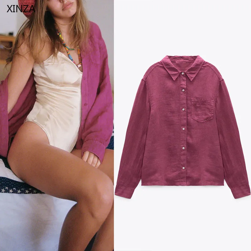 

Женская льняная рубашка на пуговицах Za, винтажная Свободная рубашка с длинным рукавом, воротником с лацканами и передним накладным кармано...