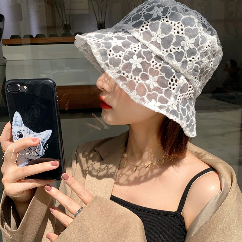 

Hat Female New Lace Fisherman Cap Korean Version of Wild Tide Summer Thin Flower Hollow Sunscreen Sunshade Sun Hats