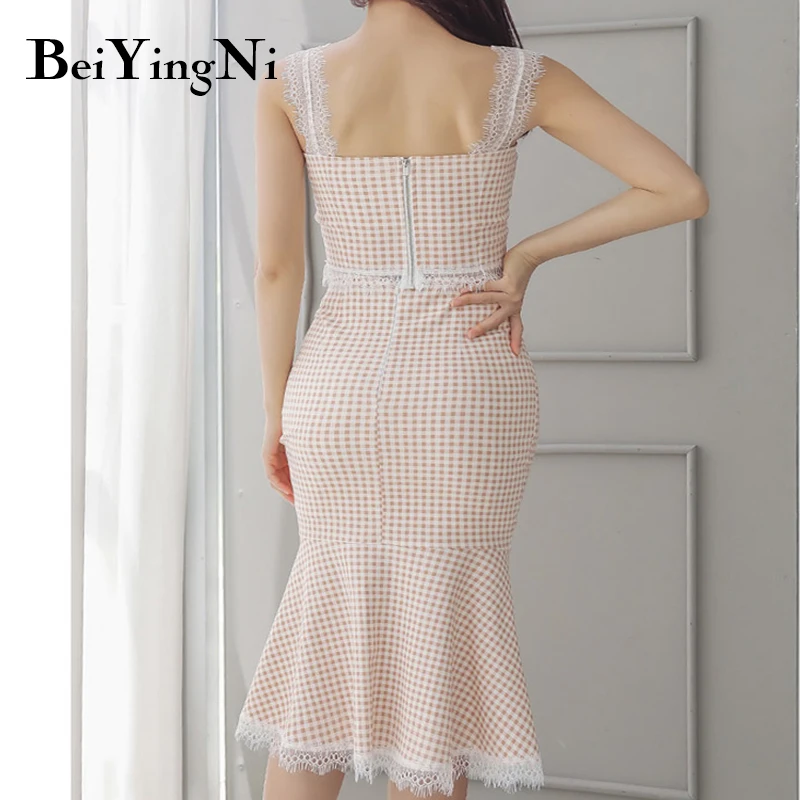 

Beiyingni Fashion V-neck Crop Top And Skirts Women Lace Patchwork Women Sets Plaid Sexy Elegant Two Piece Set Office Lady Casual