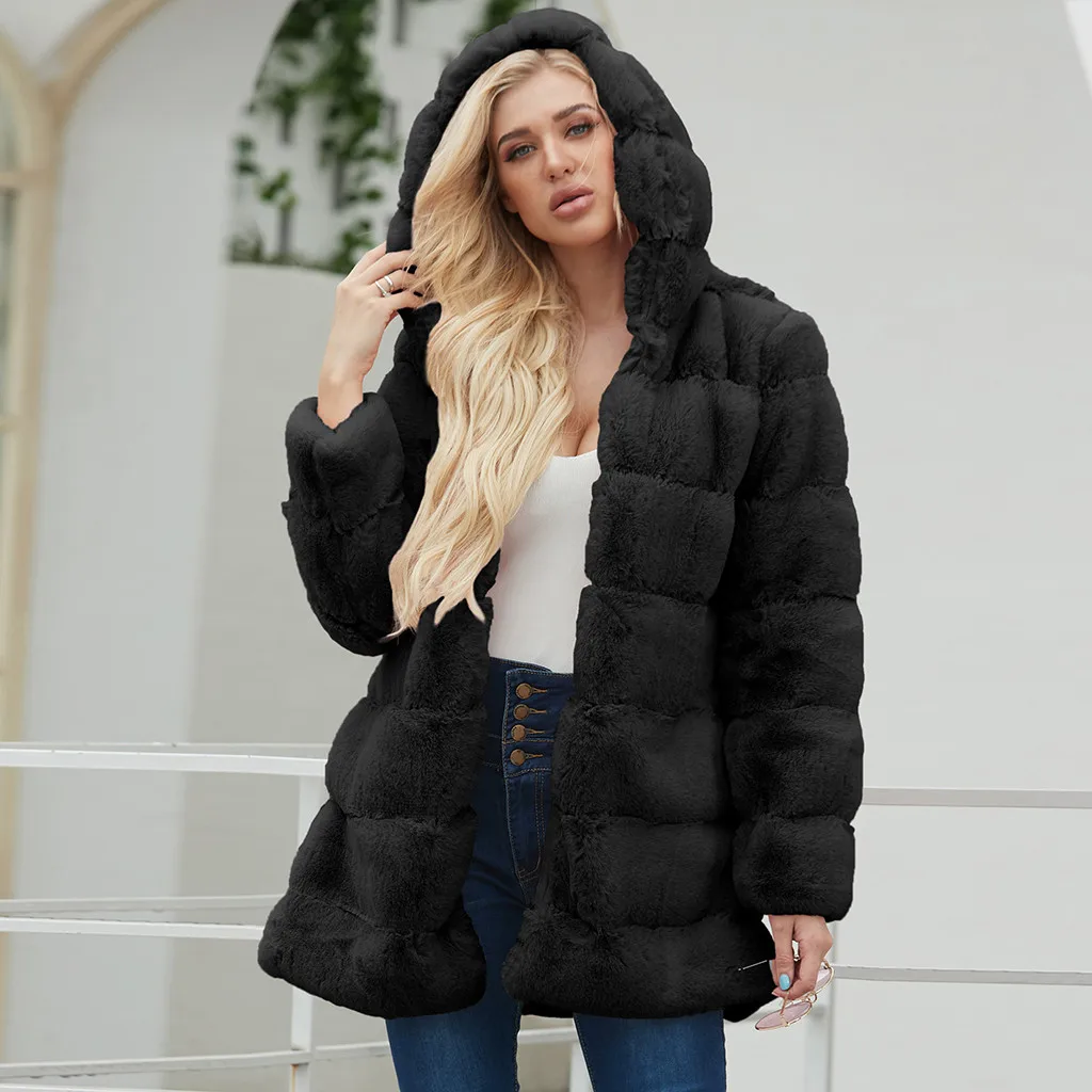 CHAMSGEND, Женское пальто из искусственного меха, с капюшоном, с воротником, с длинным рукавом, осень, зима, теплая куртка, верхняя одежда для женщин, мохнатое пальто, верхняя одежда