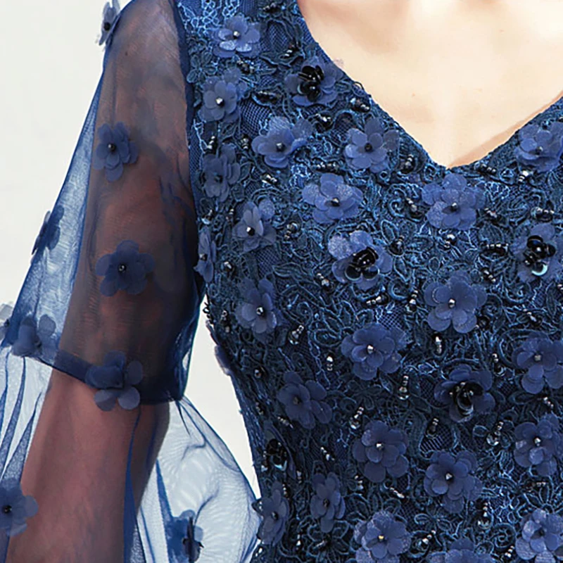 

Blue Lace Evening Dress Illuison V-Neck Appliques Beading Embroidery Sequined Ball Gown Tulle Elegant Women Formal Dresses TS114