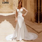 Блестящие Свадебные платья LORIE в стиле бохо с юбкой-годе, кружевным круглым вырезом и длинными рукавами, эластичное шифоновое белое свадебное платье в стиле кантри, свадебная одежда