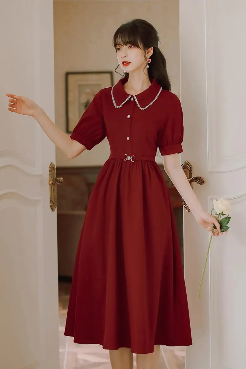 

COIGARSAM French Style Short Sleeve Women One-Piece Dress Korean Vintage Pearl High Waist Dresses Red Y1503
