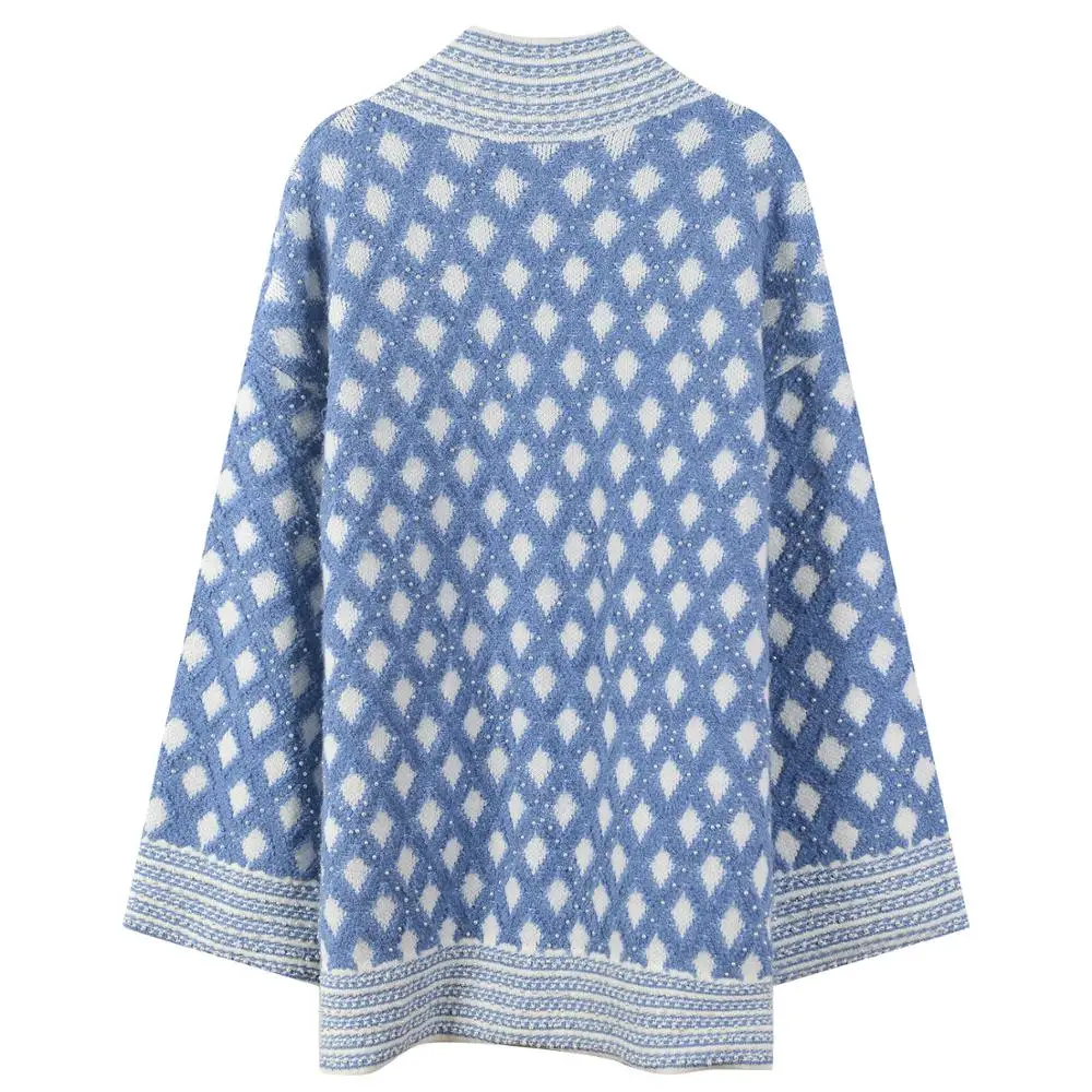 Pearl decorated women beading cardigan blue elegant versatile knitted sweater female top |
