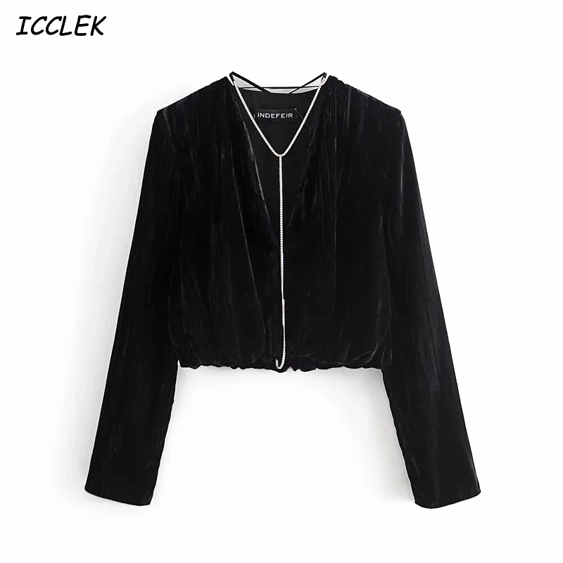 

Za Women's Pearl Blouses Black Shirts Beading Blusas Mujer Long Sleeves Chic Elegant Loose Crop Top Femme Chic trf Spring Velvet