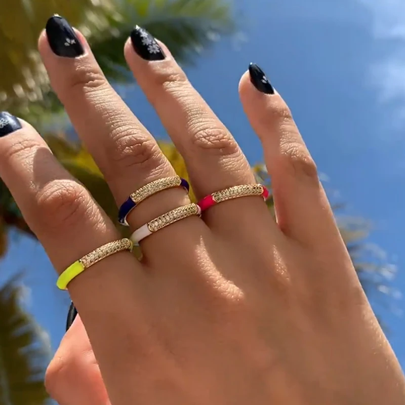 

UILZ Colorful Enamel CZ Paved Geometric Rings for Women Simple Fashion INS Jewelry Engagement Copper Hypoallergenic Finger Ring