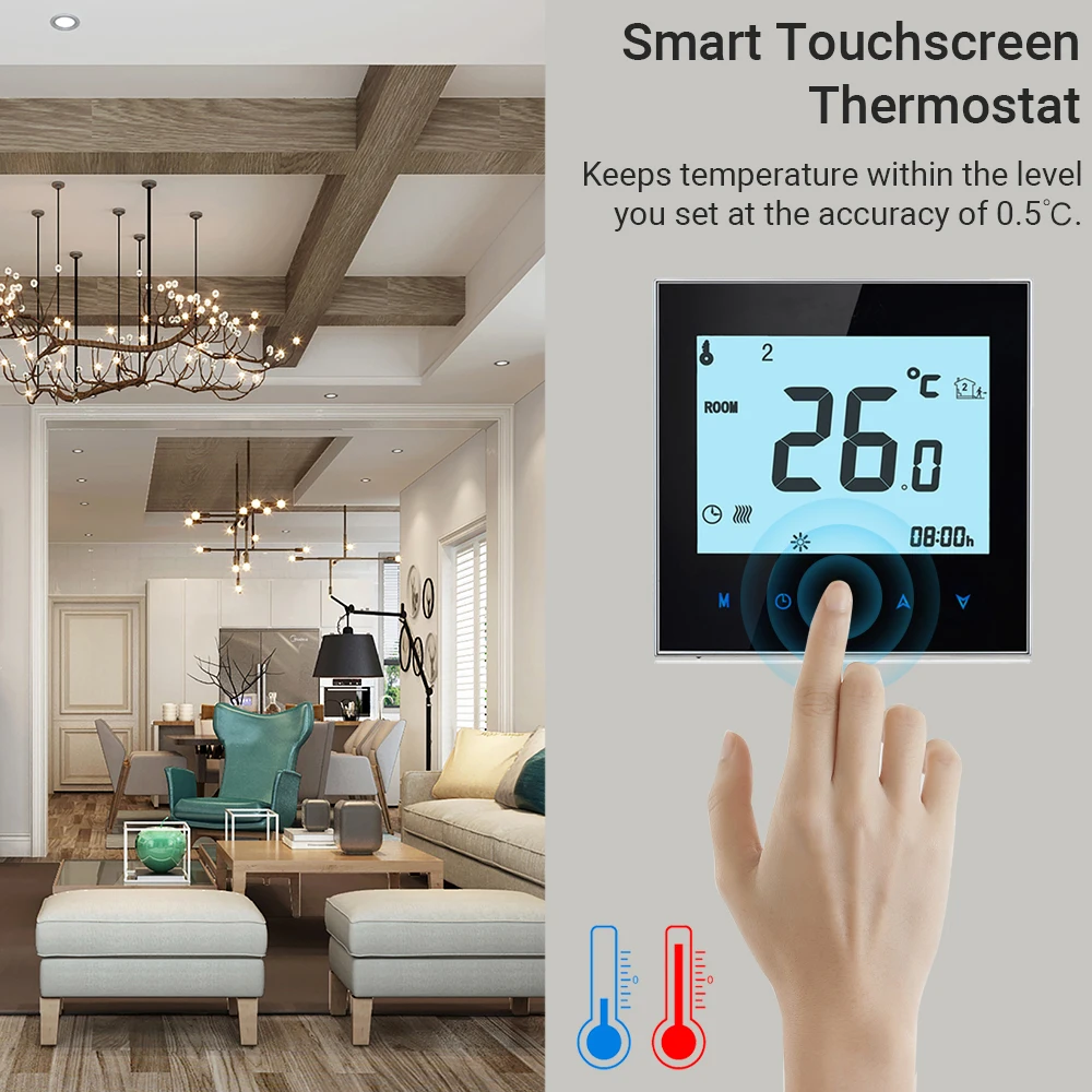 

Home Programmable Thermostat with WiFi for Water/Gas Boiler Smart Touchscreen Heat Only Thermostat with App and Voice Control