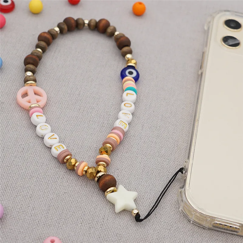 Punki Ins Chain for Phone Charm Beads Chains Cell Phone Cord Accessories Peace Sign Jewelry Wood Beads Straps Mobile Lanyard