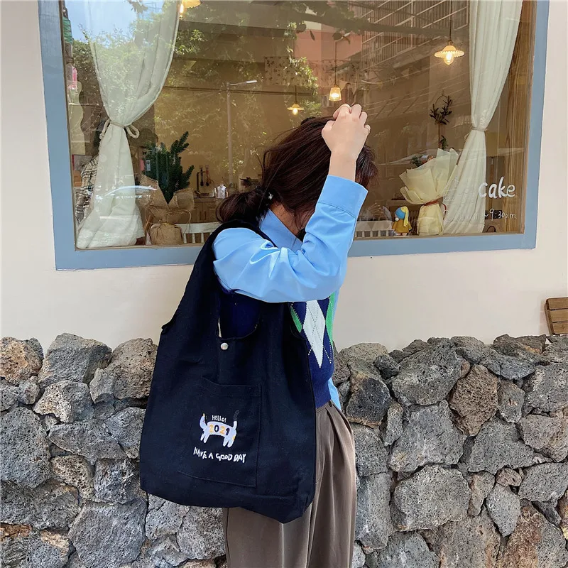 

Women Canvas Shopping Bag Female Embroidered Cat Book Bag Ladies Shoulder Bag Eco Handbag Large Capacity Tote Girls Shopping Bag