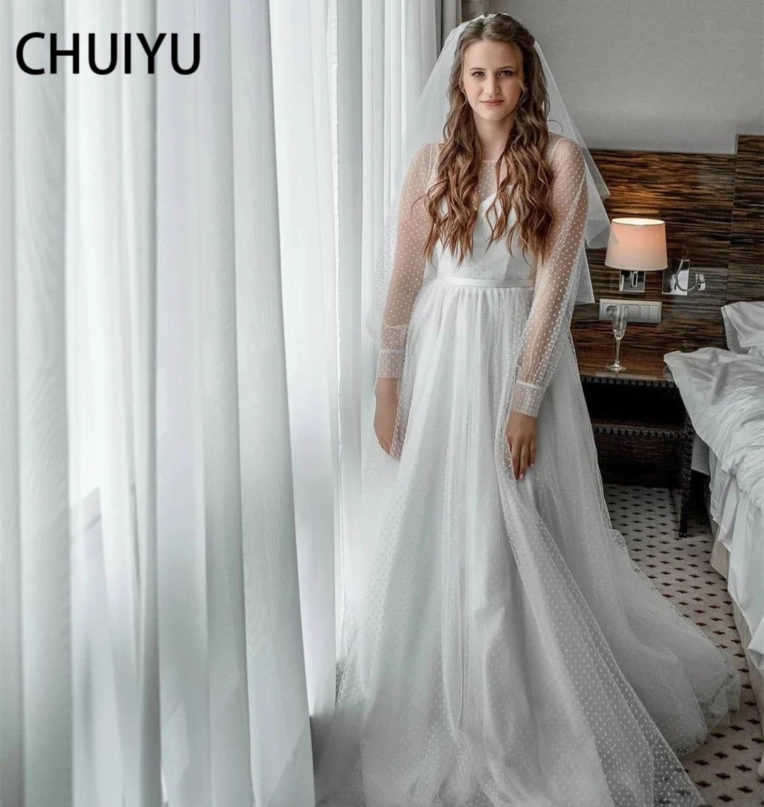 

HERBURNL Elegant Princess Long Sleeve 2021 Point Net White Tulle Robe Wedding Gown Dresses Floor Length For Women Party