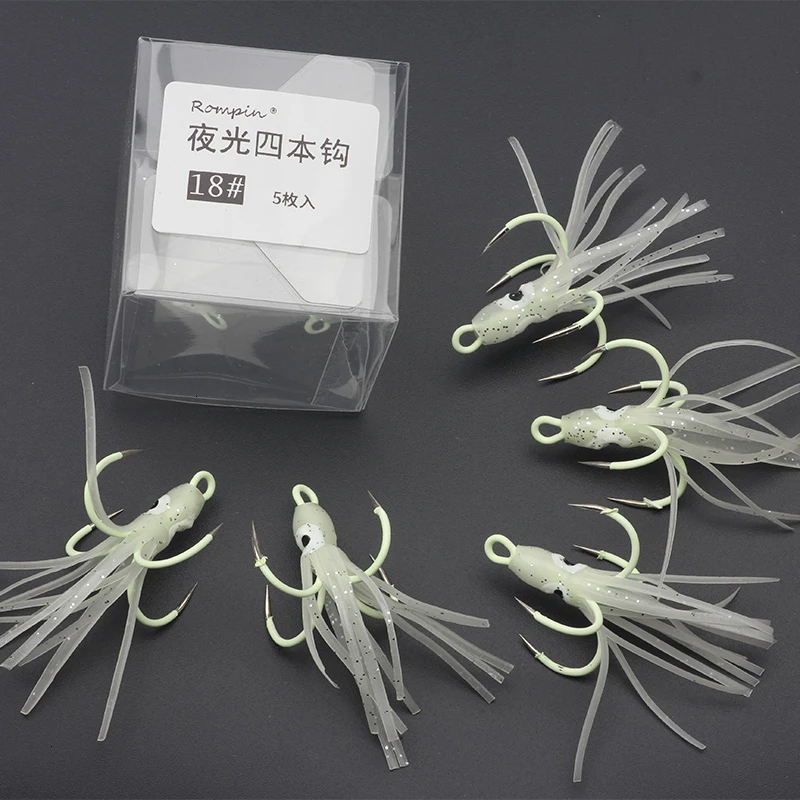 

Rompin 5pcs/box Fishhooks Classic Four Anchor Fishing lure Night Luminous Octopus sea Jig Hooks Soft Squid Bait