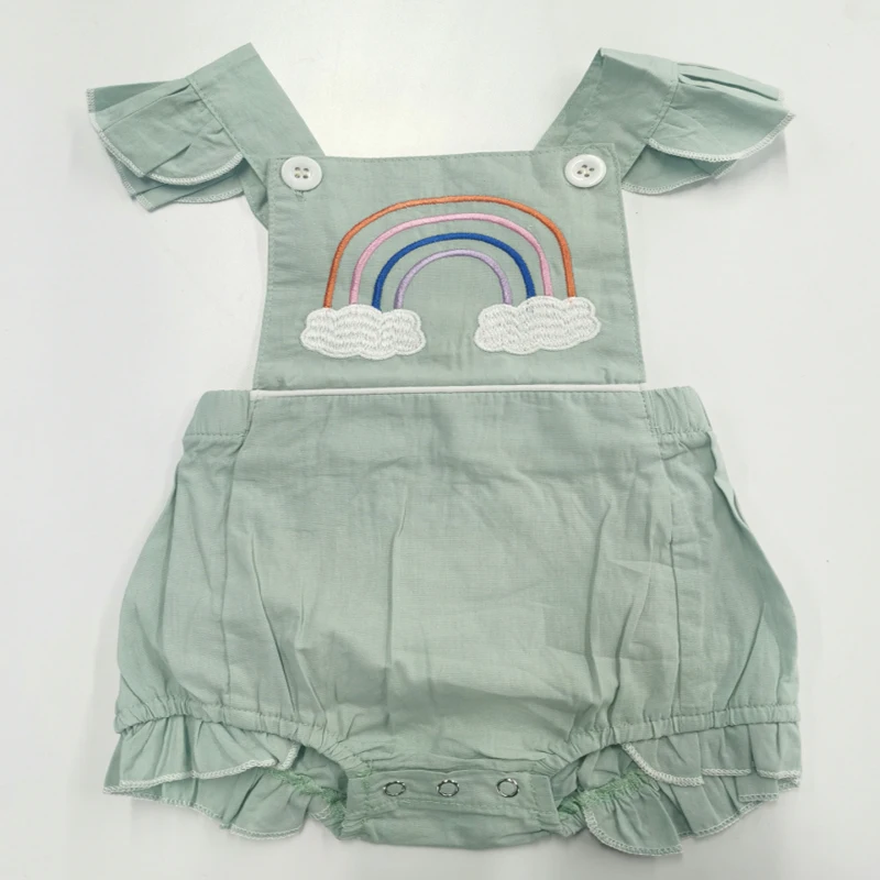 

2021 summer Baby Girl\u2019s Sweet Ruffles Fly Sleeve button Romper Fashion Rainbow Embroidery Backless Jumpsuits