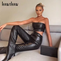 hawthaw women autumn winter pu leather strapless crop tube tops long pants two piece set suit 2020 feamle clothing streetwear