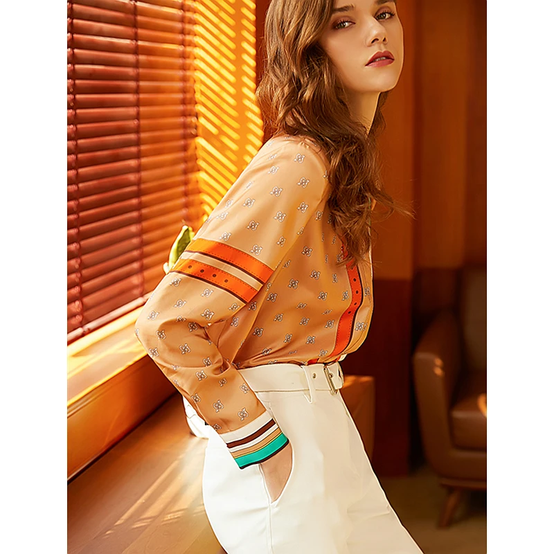 Шелковая блузка из 100% твила Высококачественная женская рубашка с принтом