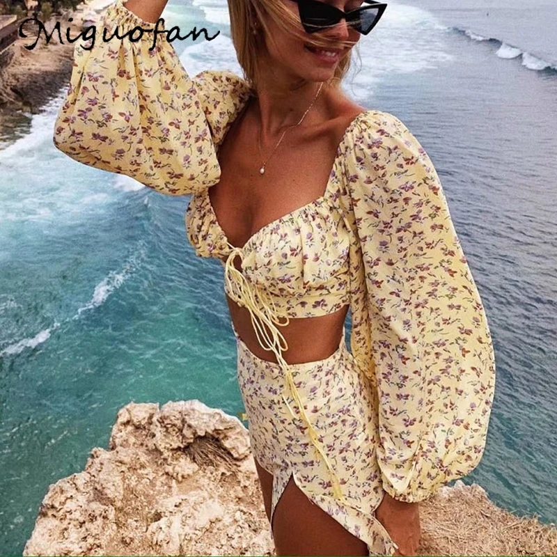 Женская блузка в стиле бохо Miguofan короткая с цветочным принтом и длинным рукавом
