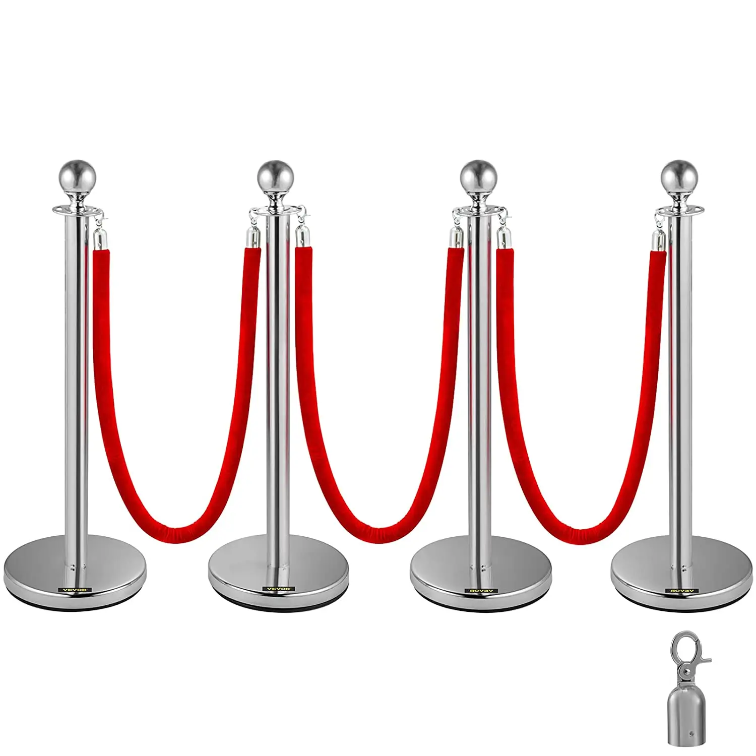 

38 Inch Silver Stanchion Posts Queue, Red Velvet Rope, 4Pack Rope Barriers Crowd Control Barriers Queue Line