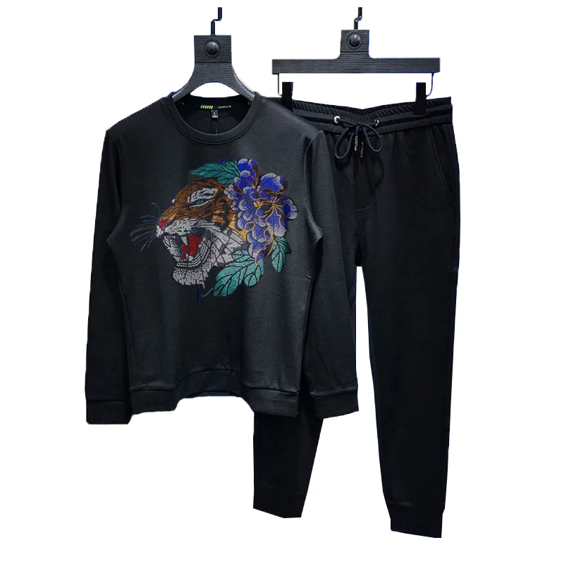 

Hot Rhinestone Tiger Warm 100% Fashion Plus Fleece Slim Jogging Hoodie Heavy Craft Winter Men's Brand Tracksuit Luxury Sets