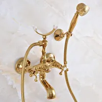 Luxury Gold Color Brass Wall Mount Bathroom Bath Tub Faucet Set WITH/ 1.5M Handheld Shower Spray Head Mixer Tap Dna920