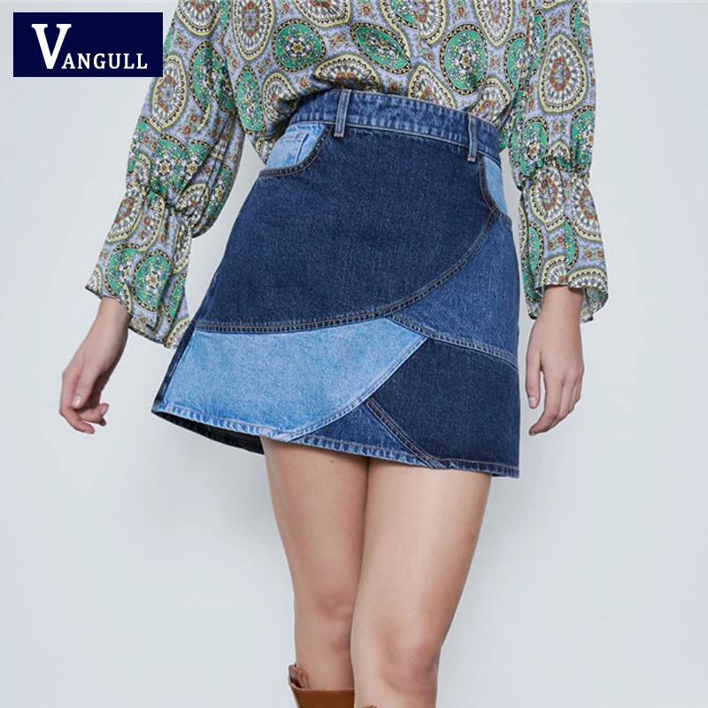 

Vangull Summer Fashion Patchwork Denim Skirts Women High Waist Side Zipper Mini Jean Skirt Harajuku Denim Female A-Line Skirts